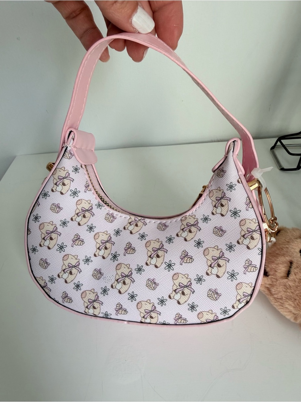 Kids Cute Pink Teddy Pattern Shoulder Bag with Plush Charm